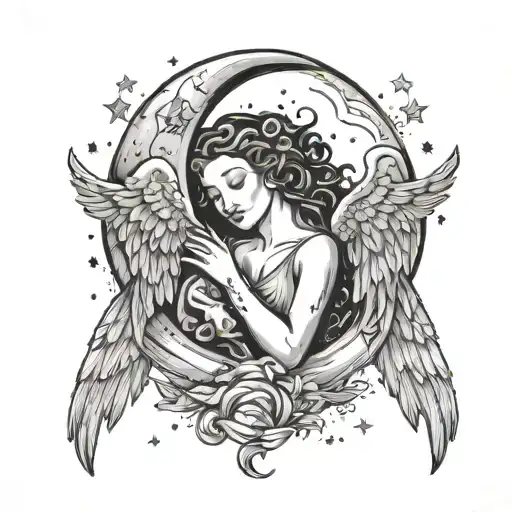 Crescent Moon With Angel Wings And Stars Around It