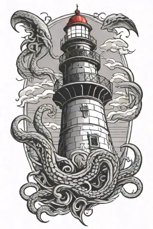 Lighthouse With Kraken Holding Two Buoys