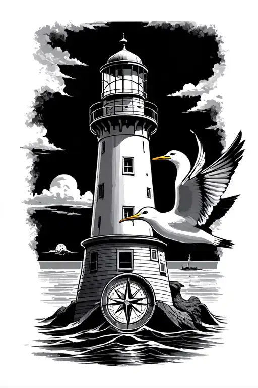 Lighthouse With Seagull And Nautical Compass