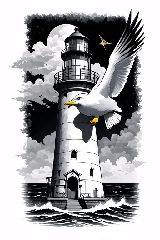 Lighthouse With 1 Seagull And Nautical Compass