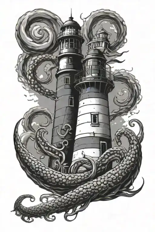 Lighthouse With Kraken Wrapping Its Tentacles And Holding Two Buoys