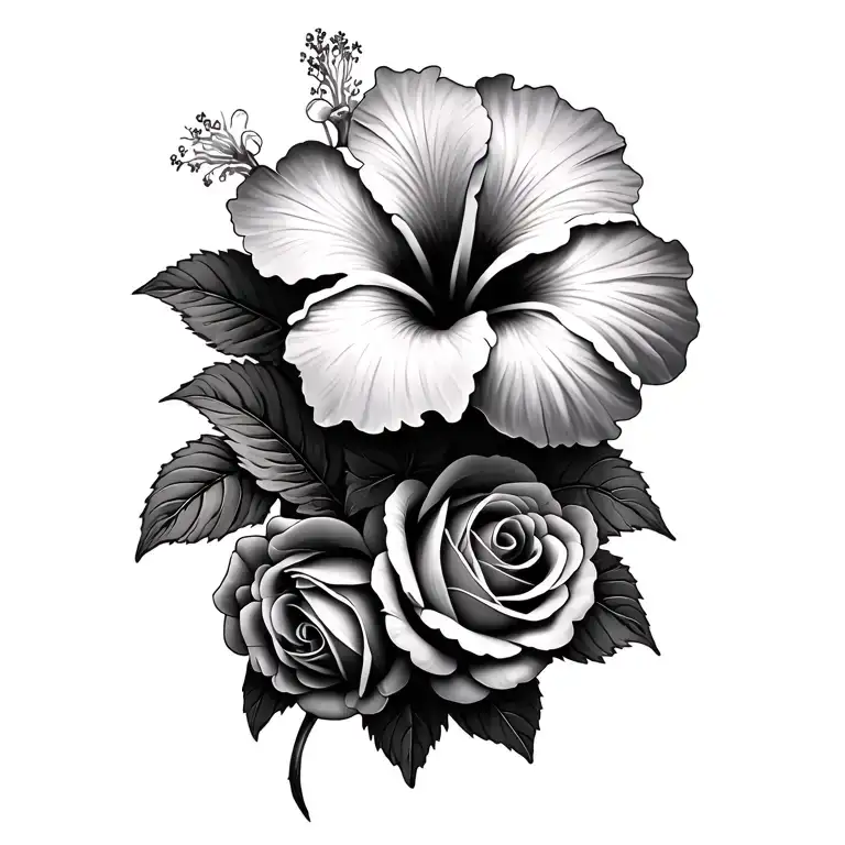 Hibiscus Flowers Intertwined Roses