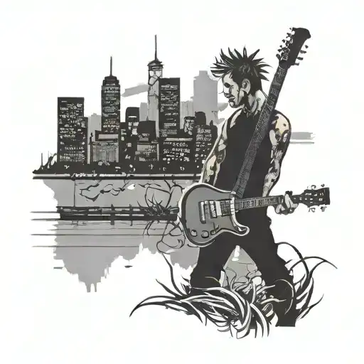 A Punk Rocker Silhouette Playing A Guitar With A City Skyline In The Background