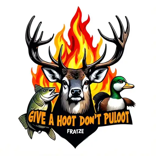 A Buck And Bass And A Duck Combined Surround By A Fire And A Fraze That Says Give A Hoot Dont Puloot