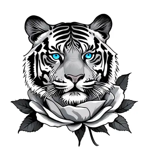 Tiger With Blu Eyes Abov A Rose