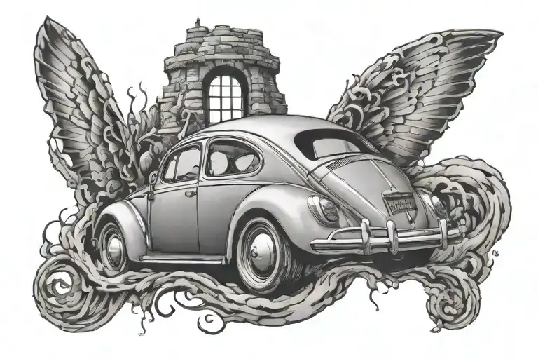 2D Small Vw Beetle Driving Into A Small Beautiful Space Hole