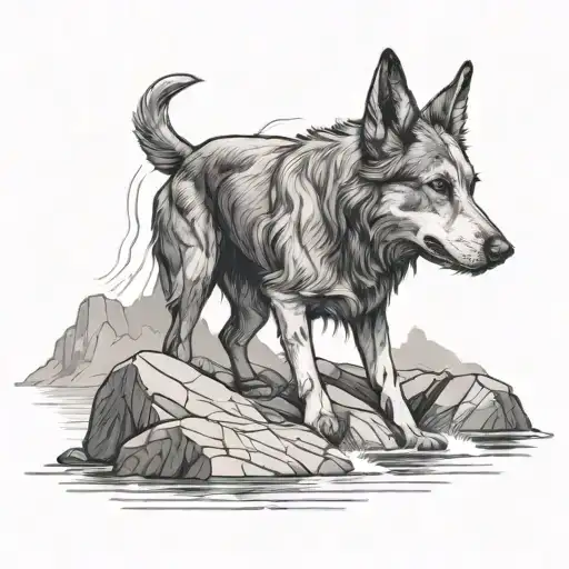 Dog On The Rocks By The Mississppi River Flowing