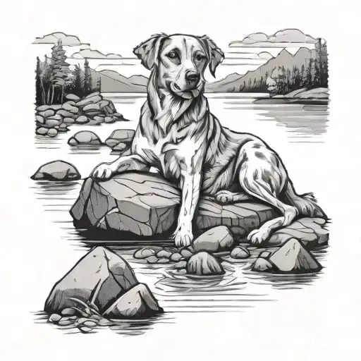 Medium Size Dog On The Rocks By The Mississppi River Flowing