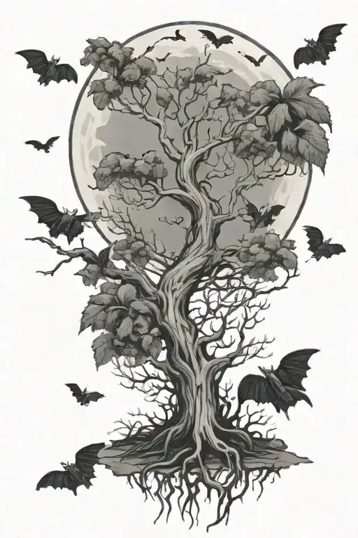 Poison Tree And Moon With Bats Flying