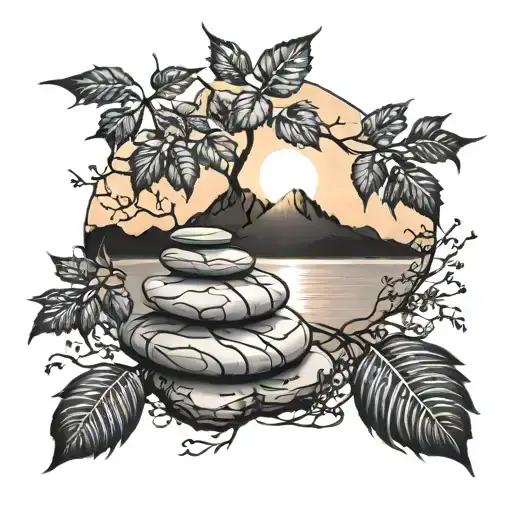 8 Stones Stacked Together With Invasive Vines With A Sunset Backdrop