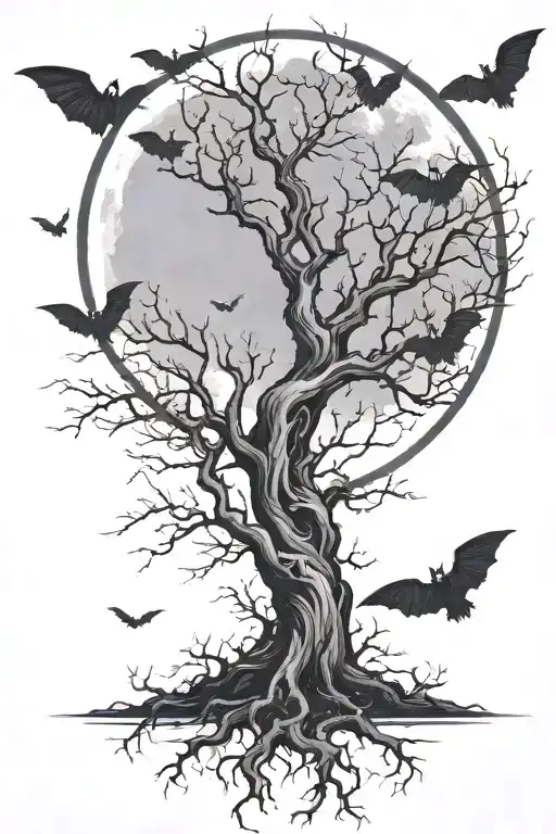 Poison Tree And Moon With Bats Flying