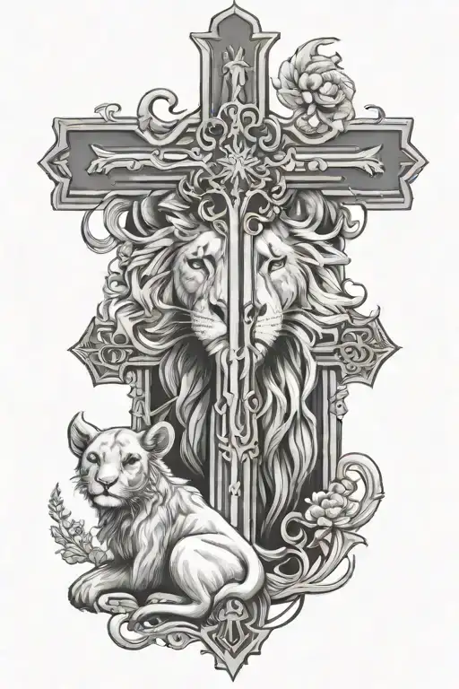 Lion And Lamb Below A Cross