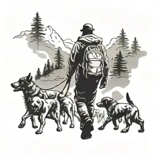 A Silhouette Of A Dog Walker Surrounded By A Pack Of Dogs In A Mountain Landscape