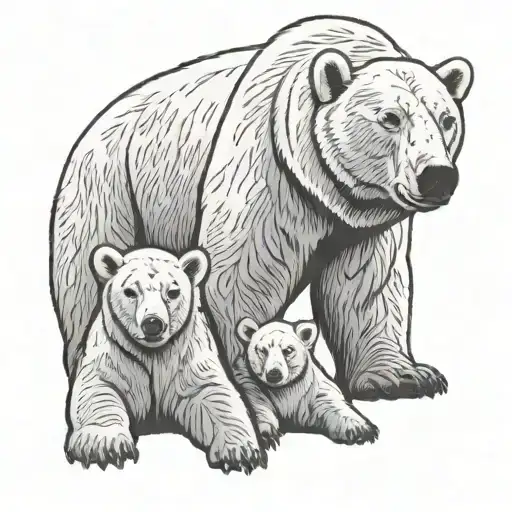 Momma Polar Bear With Two Cubs In Front Of Her