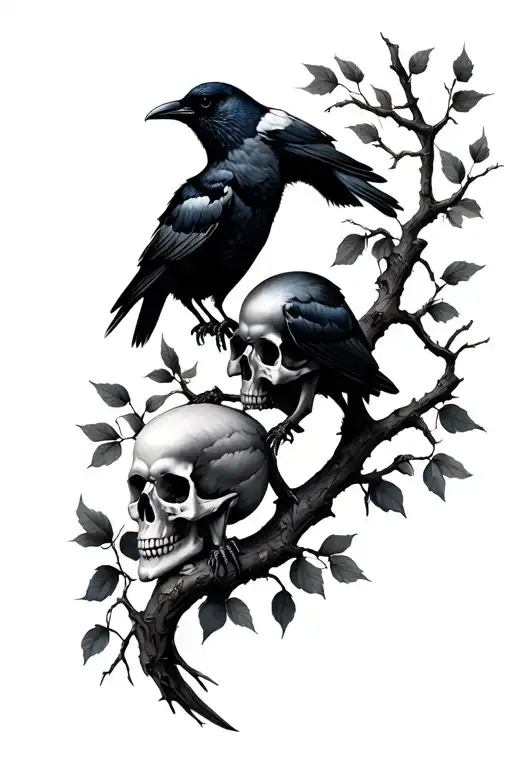Skulls Crows And Tree Branches With Leaves
