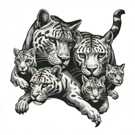 Black Pather Surrounded By 4 Baby Panthers