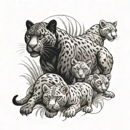 Black Panther Surrounded By 4 Baby Panthers