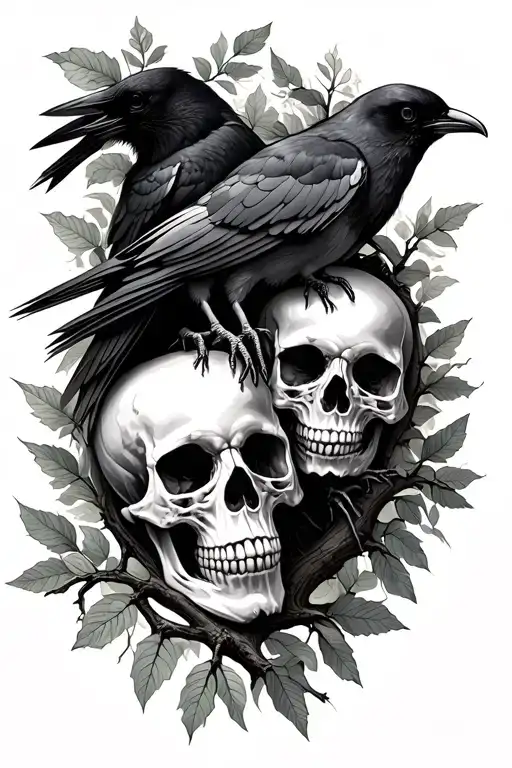Skulls And Crows And Tree Branch Leaves