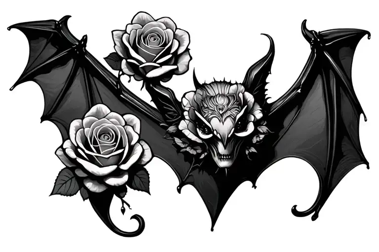 Gothic Bat Surrounded With Roses Intertwined