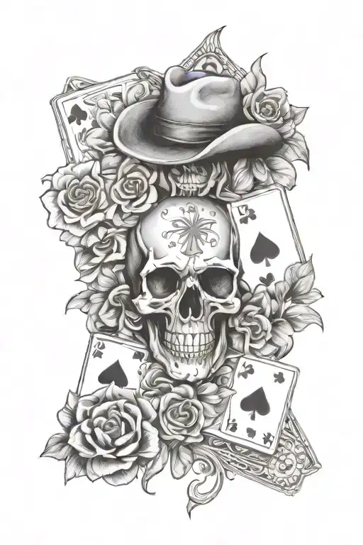 Western Floral With Playing Cards And And Skull Soft Shading