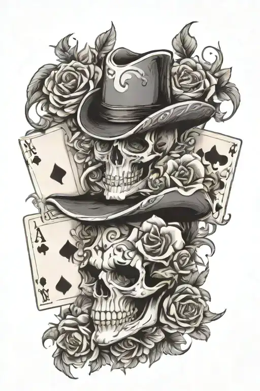 Western Floral With Playing Cards And And Skull Soft Shading