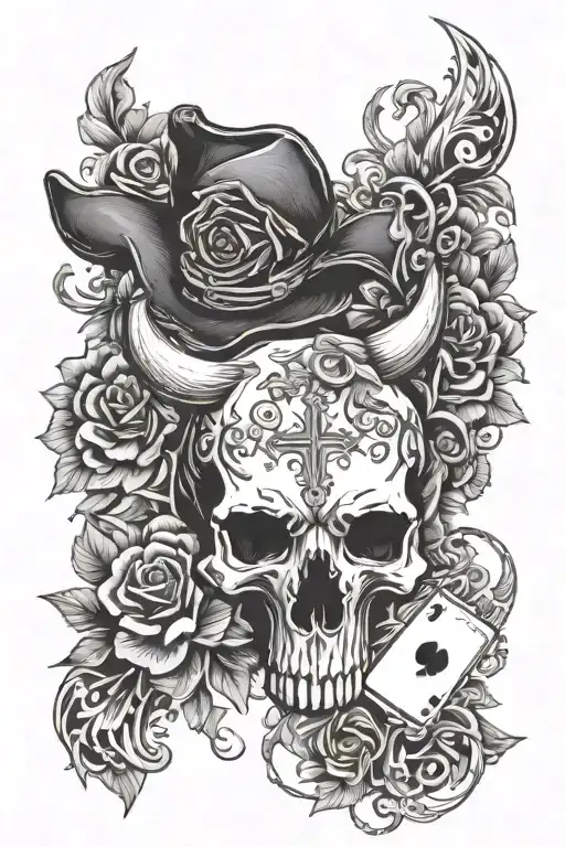 Western Floral With Playing Cards And And Bull Skull And Cross