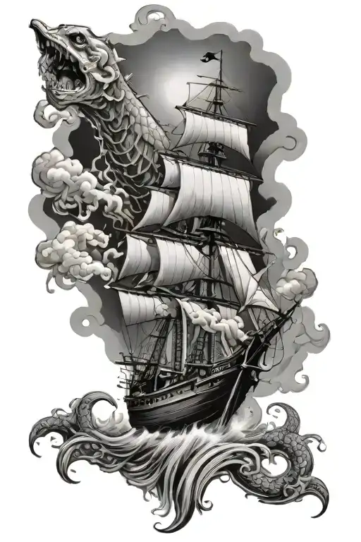 Nautical Themed Tattoo Featuring Ship Being Attacked By A Sea Monster