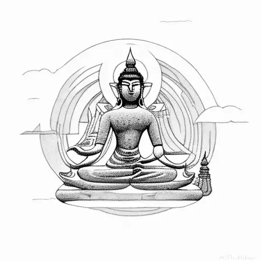 A Meditating Figure Surrounded By Temple Ruins With A Full Moon Illuminating The Scene