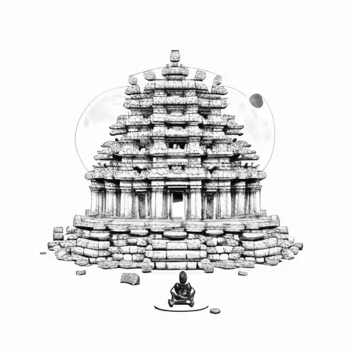 A Meditating Figure Surrounded By Temple Ruins With A Full Moon Illuminating The Scene