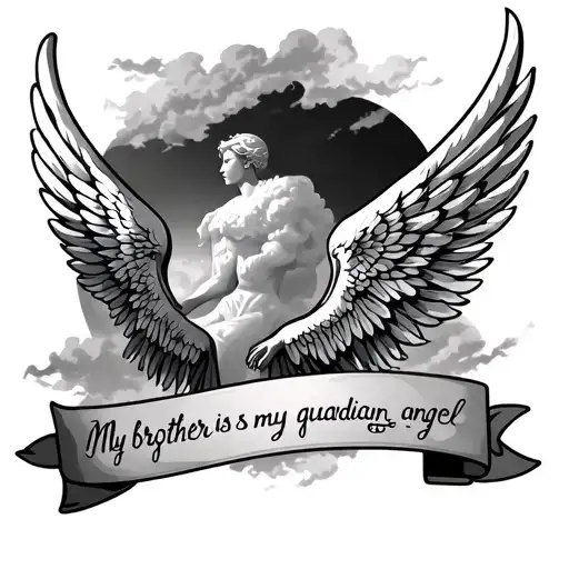Angel Wings Tattoo With Quote In Baner My Brother Is My Guardian Angel Back Ground Is Clouds