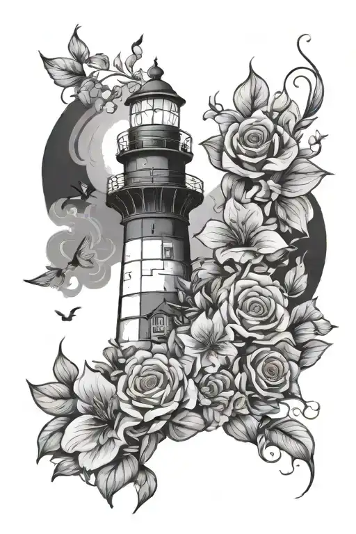 Light House In The Darkness With Flowers