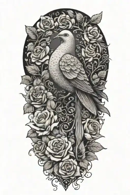 Zentangle Drawing Of A Dove Perched Atop Roses Growing
