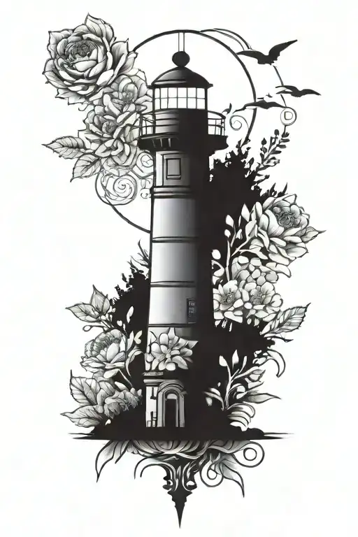 Light House In The Darkness With A Garden Of Flowers