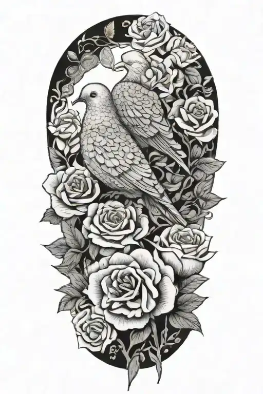 Zentangle Drawing Of A Dove Perched Atop Roses Growing