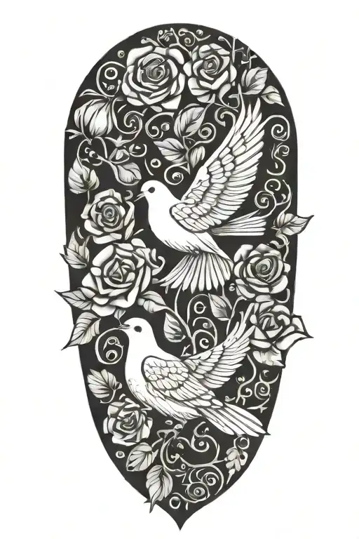 Zentangle Drawing Of A Dove Perched Atop Roses Growing