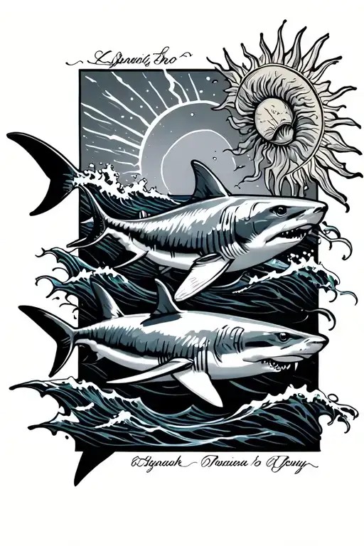 Sharks Swimming Alongside With A Sun And Waves