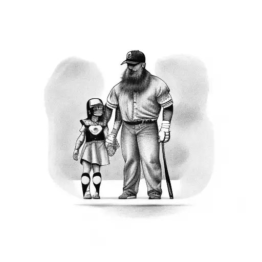 Father Holding A Bat Daughter With A Glove On Her Hand
