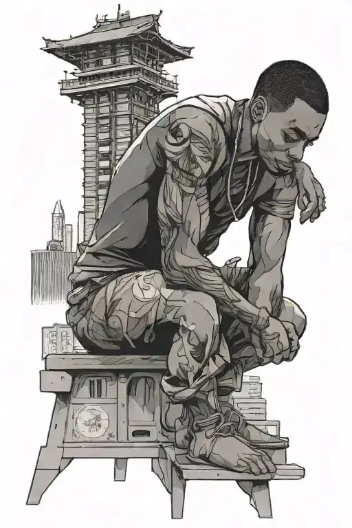 Black Guy At Night Sitting Next To Japanese Sky Scraper