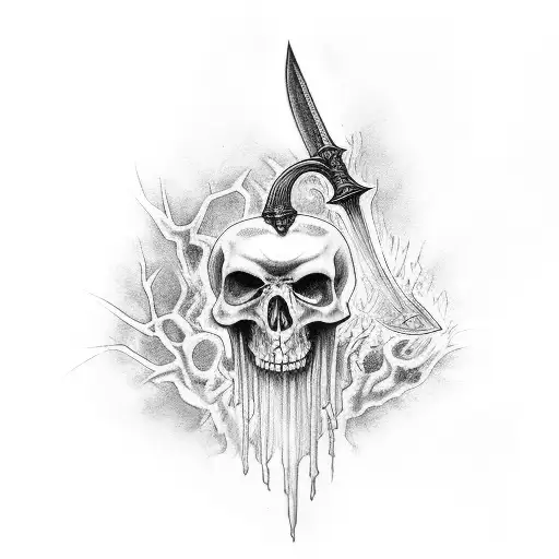 Full Back Dark Art Tattoo With A Sword Going Down The Spine