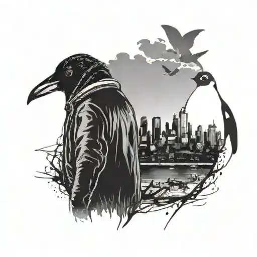 Penguin And Person Looking Out At A City Silhouette