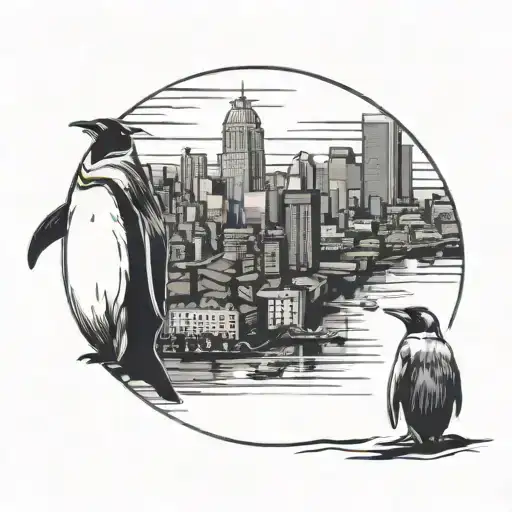 Penguin And A Person Looking Out At A City Silhouette