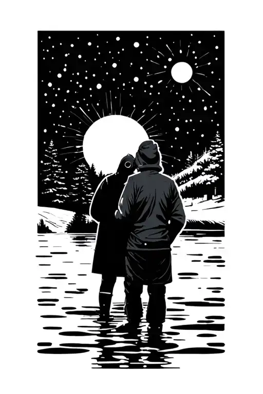 Mid Century Outdoor Setting Water Sun Snow Geometric