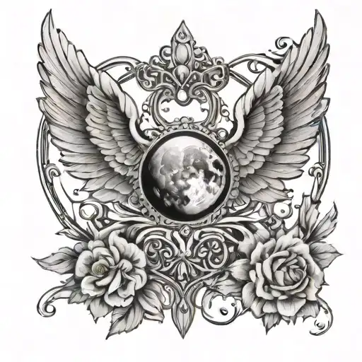 Delicate Small Tattoo As A Line With A Moon Crown And Wings