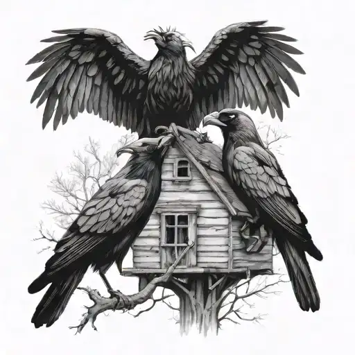 Two Black Crows Touching Beaks Above An Abandoned House