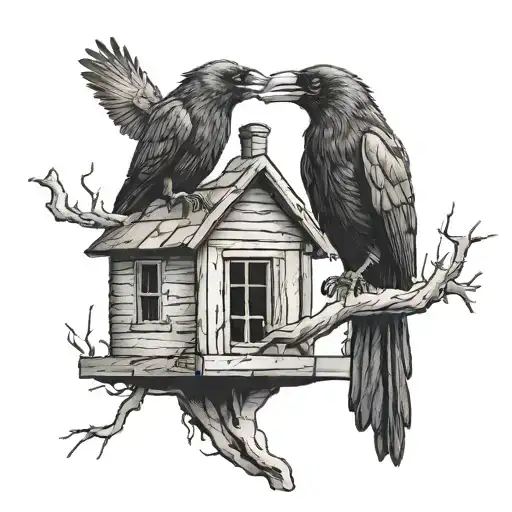 Two Black Crows Touching Beaks Above An Abandoned House