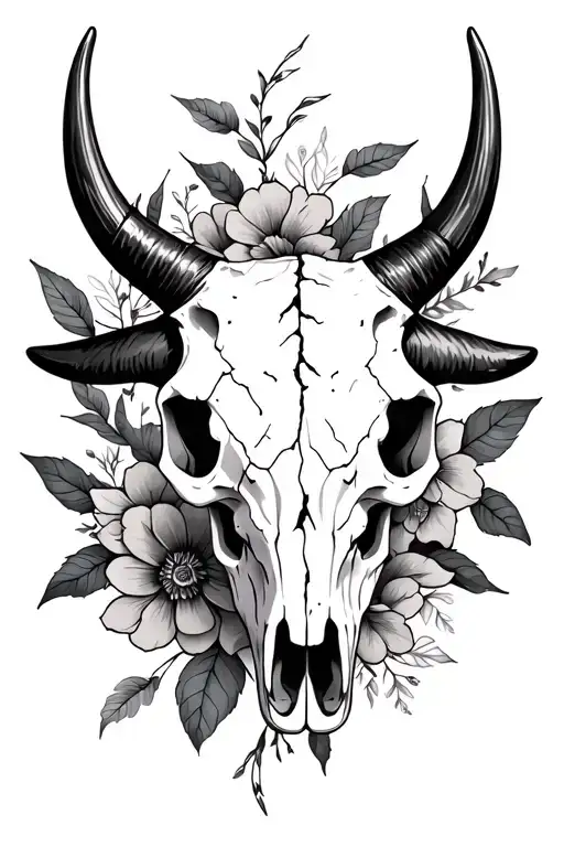 Bull Skull With Broken Horns With Florals