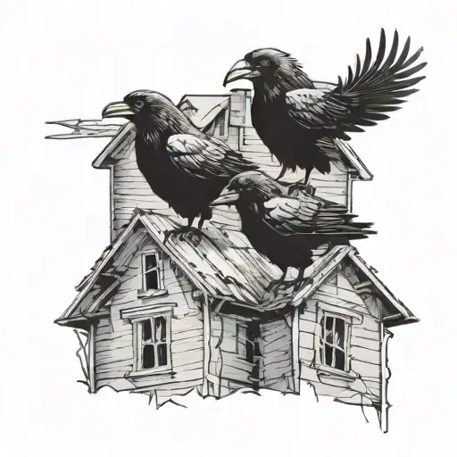 Two Black Crows Touching Beaks Above A Big Abandoned House