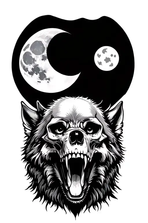 Skull And Wolf Howling At The Moon