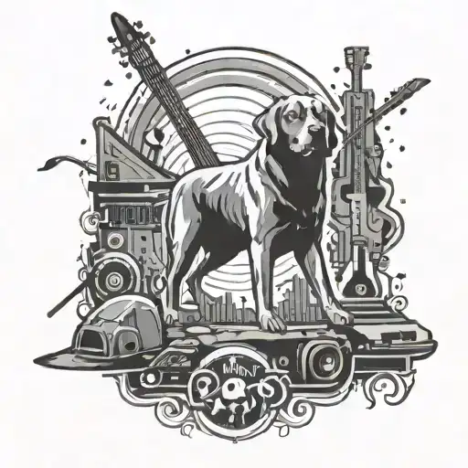 A Tattoo Design Of A Rock Concert Scene With A Silhouette Of A Labrador In The Background