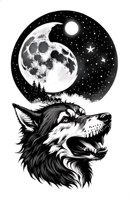 Skull And Wolf Howling At The Moon